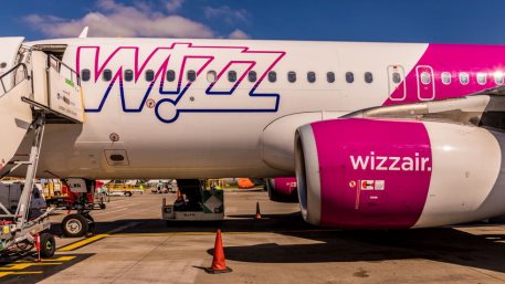 A view of a Wizz air plane at Luton Airport in the UK