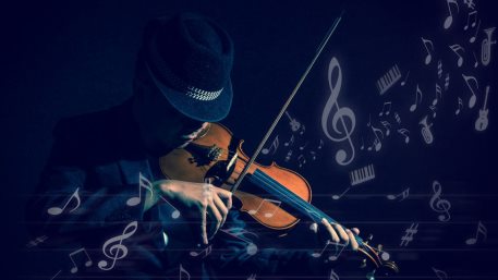 Violin player in dark studio with music notes or melody, Musical concept