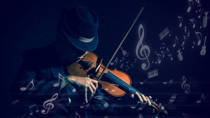 Violin player in dark studio with music notes or melody, Musical concept