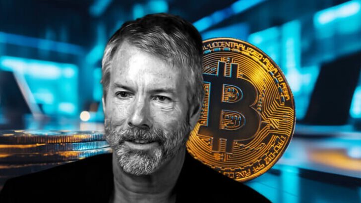 MicroStrategy's CEO Michael Saylor with a Bitcoin behind