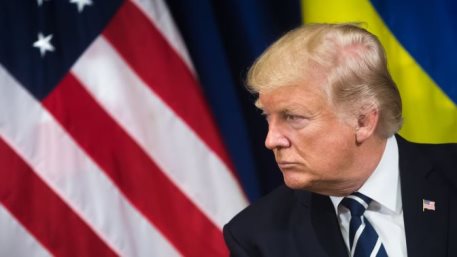 Donald Trump in Front of the US and Ukrainian Flags