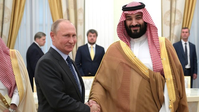 Vladimir Putin with Crown Prince and Defence Minister of Saudi Arabia Mohammad bin Salman Al Saud