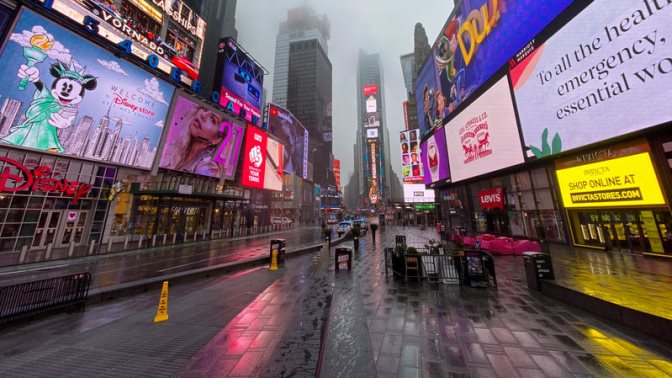 No crowds in Times Square after self-quarantine and social distancing was put in place in New York City