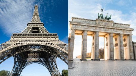 Eiffel Tower in Paris, France / Brandenburg Gate in Berlin, Germany