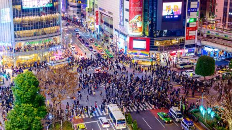 Pedestrians cross at Shibuya Crossing