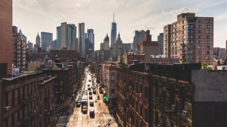 Chinatown and downtown Manhattan in New York from Manhattan bridge