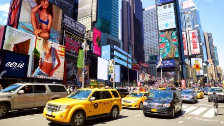 Cars and taxi cabs on 7th Avenue and Broadway at Times Square