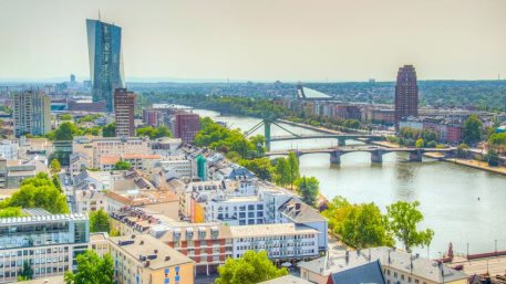 Aerial view of Frankfurt dominated by the new headquarters of ECB, Germany