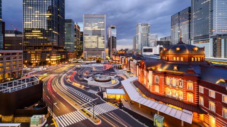 Tokyo, Japan cityscape in the Marunouchi District and Tokyo Station.