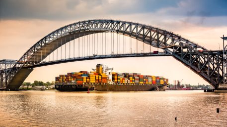 Large container ship passes under Bayonne Bridge, New Jersey