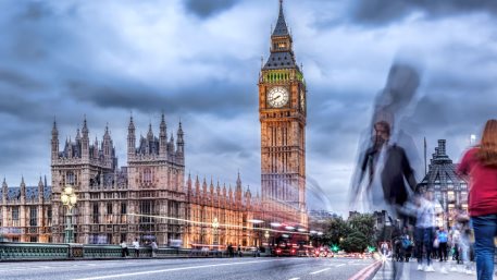 Big Ben with people on bridge in the evening, London, England, United Kingdom