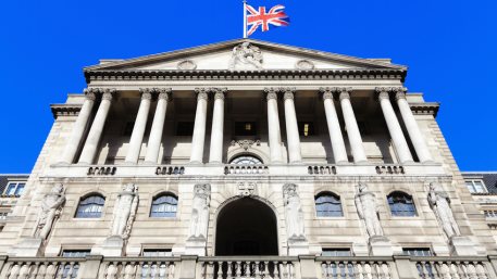 Bank of England with flag, The historical building in London, UK