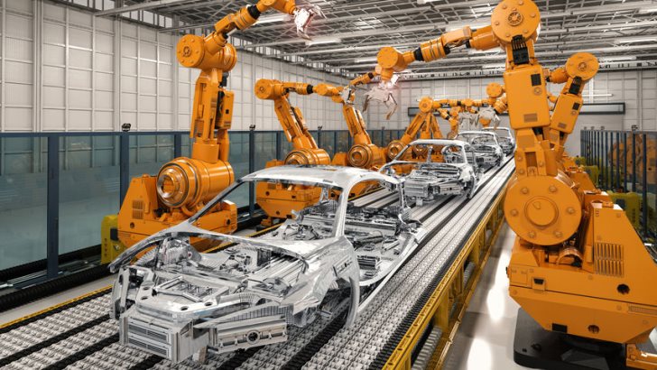 3d rendering robot assembly line in car factory