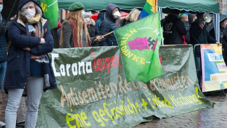 Demonstration in Trier on the 20.01.2021 against the covid-19 regulations in Germany, protest of the Antifa and the radical left wing against corona deniers