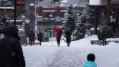 WHISTLER, BC, CANADA. Whistler Village with people during the Covid 19 pandemic.