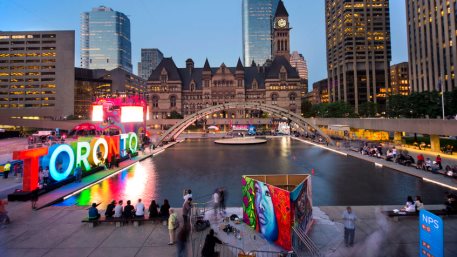 TORONTO,CANADA- Panoramic view of the new Toronto sign in Nathan Phillips Square