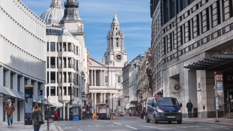 London, UK Fleet Street view. Empty streets City of London during national lockdown. Covid restrictions, social distancing.