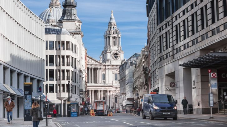 London, UK Fleet Street view. Empty streets City of London during national lockdown. Covid restrictions, social distancing.