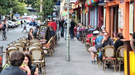 People dine out in Wrangelkiez area of Kreuzberg district in Berlin