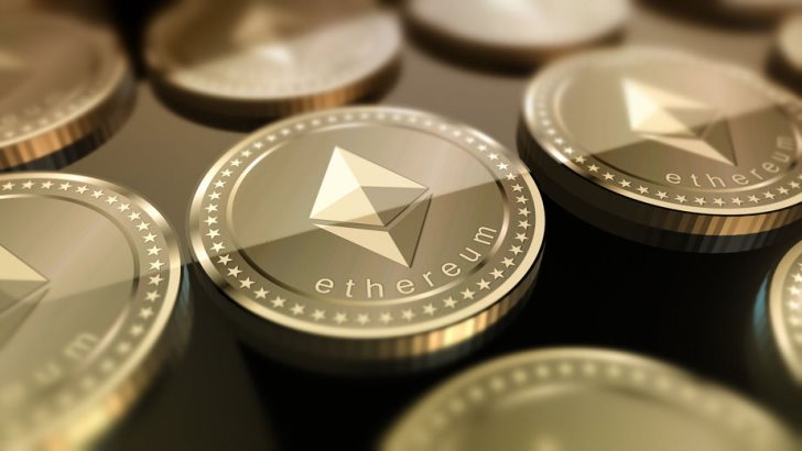 Glossy Ethereum in blurred closeup. Crypto-currency finance and banking as concept